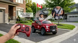 Infographic showing the battery life and speed settings of a 12V ride-on car for kids aged 5-8.