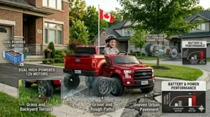 Dashboard features of a 12V ride-on car including Bluetooth music and realistic engine sounds.