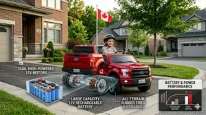 Size guide and dimensions for a 12V ride-on car showing a comfortable fit for children 5 to 8 years old.