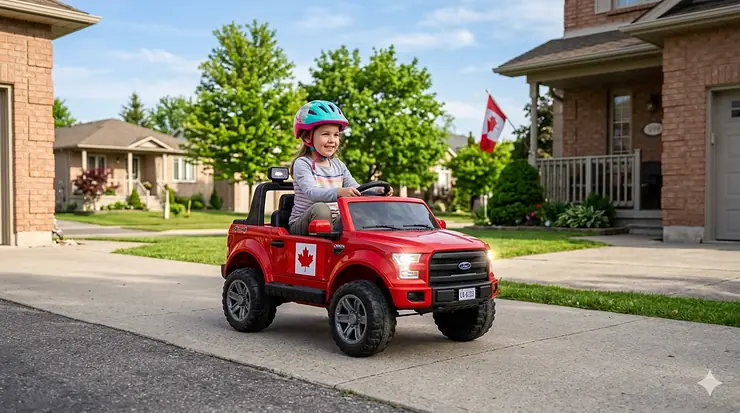 A child aged 5 to 8 driving a red 12V ride-on truck on a driveway in a Canadian neighborhood. 12v ride on cars for kids 5-8