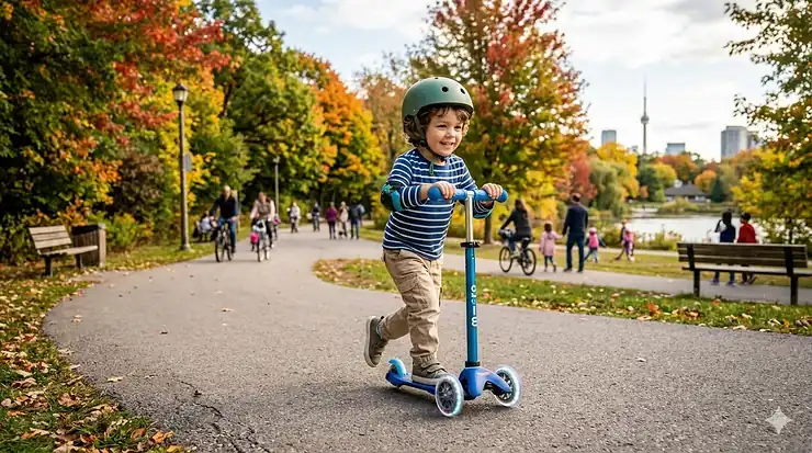 A toddler riding a blue 3 wheel scooter for a 3 year old on a paved park path in Vancouver, Canada.