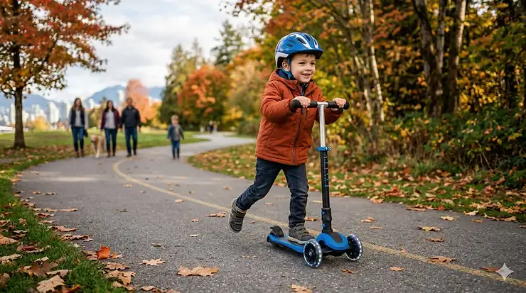 A child riding a blue 3 wheel scooter with adjustable handlebar on a paved Canadian park path during autumn.