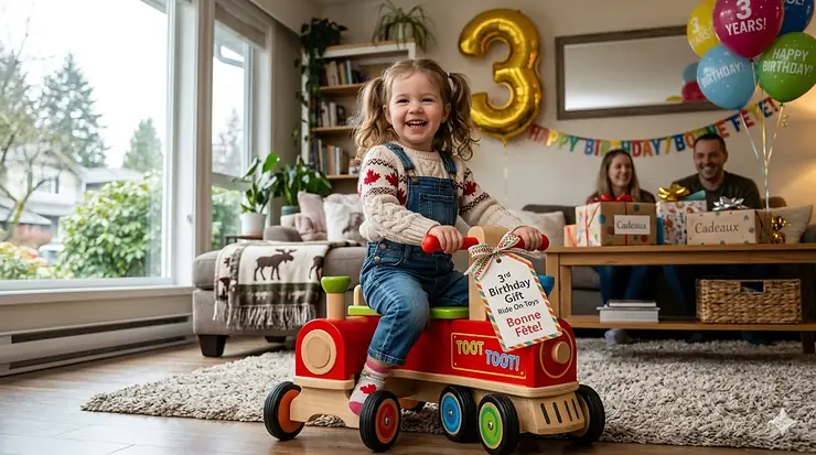 A toddler celebrating their 3rd birthday with a colorful ride-on toy in a Canadian living room. 3rd birthday gift ride on toys