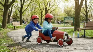 A photorealistic 4K image showing two diverse preschoolers in a Canadian park; one girl drives the red pedal car while the other pushes from behind, actively engaging with the toy.