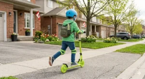Child wearing a helmet and pads riding a 3-wheel kick scooter on a clean sidewalk after the spring thaw.