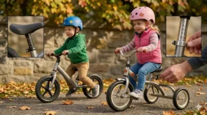 Close-up illustration showing the adjustable seat height mechanism on a balance bike and tricycle for growing toddlers.