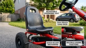 Illustration of an adjustable ergonomic seat on a kids pedal go kart, perfect for growing Canadian toddlers.