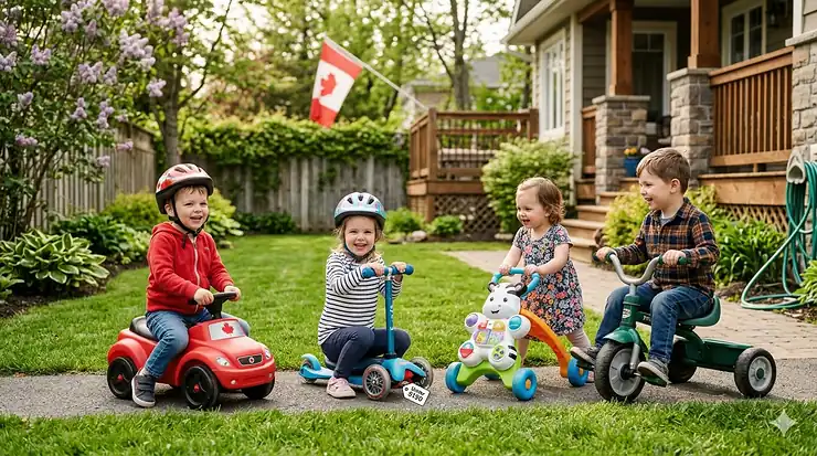 A group of Canadian toddlers playing with affordable ride on toys under $150 in a suburban park during a sunny spring day. affordable ride on toys canada under $150