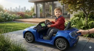 Split-screen illustration showing an all-terrain 4x4 electric ride-on navigating a grassy backyard versus a pedal car on smooth pavement.