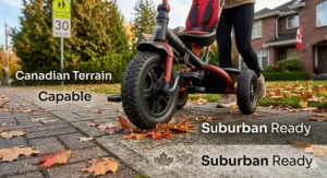A photorealistic, highly detailed illustration in a Canadian context showing the compact folded state of a tricycle for a 3-year-old with a parent handle, stored efficiently inside a car trunk for transport.