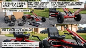 Simplified step-by-step assembly guide for a kids go kart with bilingual English and French instructions.