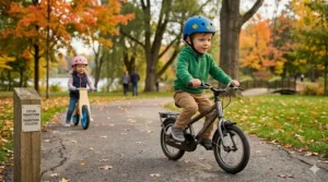 Illustration of a 3-year-old developing core strength and coordination on a balance bike on a paved trail.