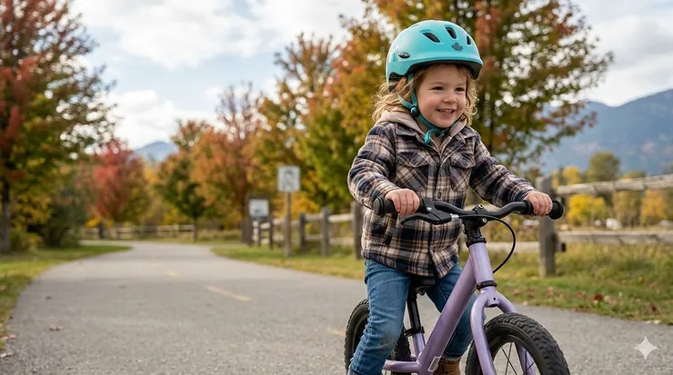 A 3-year-old girl wearing a light blue maple leaf safety helmet and plaid jacket riding a purple balance bike with a hand brake on a paved trail in a Canadian park during autumn. balance bike with hand brake for 3 year old