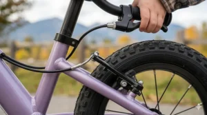 Close-up photorealistic view of a child-sized rear hand brake mechanism on a purple balance bike frame, showing the brake pads and cable routing for a 3-year-old.
