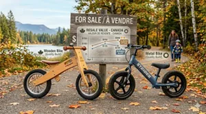 An illustration of a "For Sale" sign in English and French (À Vendre) depicting the high resale value of quality balance bikes.