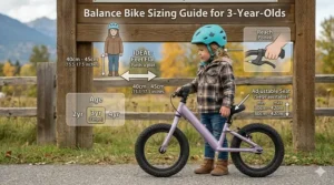 A bilingual English and French balance bike sizing guide showing ideal seat height and hand brake reach for a 3-year-old child in a Canadian outdoor setting.