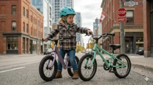 A 3-year-old child transitioning from a purple balance bike with a hand brake to a larger green pedal bike, demonstrating skill progression for the Canadian market.
