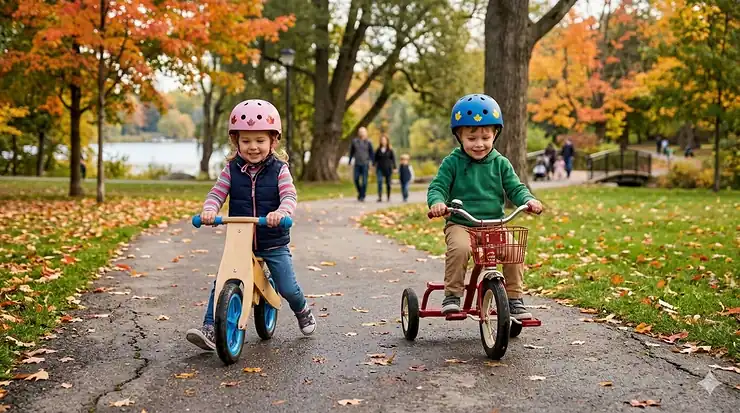 A 3-year-old on a wooden balance bike and a peer on a classic red tricycle racing in a Canadian park during autumn. balance bike vs tricycle for 3 year old