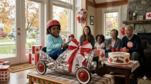 A photorealistic 4K image showing a diverse Canadian family celebrating; a preschooler sits in a red pedal car wrapped with a bilingual "HAPPY BIRTHDAY / BONNE FÊTE" tag next to a themed cake.