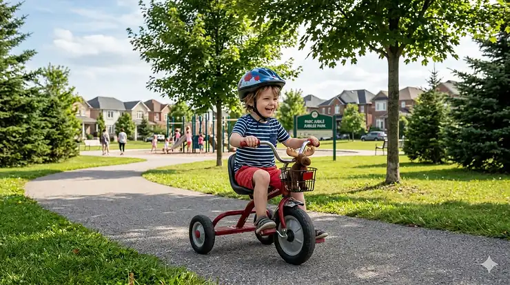 A happy 3 year old child riding a red tricycle on a paved park path in Vancouver, Canada.