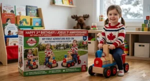 Illustration showing a ride-on toy box with bilingual English and French Happy Birthday / Bonne Fête text.