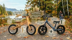 Illustration featuring a maple leaf safety seal highlighting Canadian CCPSA compliance for wood and metal bikes.