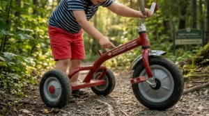 Close-up of the durable metal frame and weather-resistant coating on a tricycle for a 3 year old.