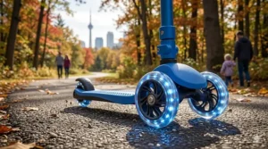 High-quality LED wheels of a 3 wheel scooter designed to handle smooth pavement and park trails in Toronto.