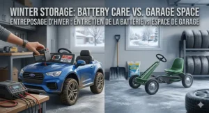 Sustainable and eco-friendly green pedal car for preschoolers featuring a Canadian maple leaf logo and zero-emissions play messaging.