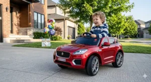 Illustration of a mini electric ride-on car, a premium 3rd birthday gift idea for Canadian kids.