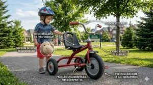 Illustration of the adjustable seat and ergonomic dimensions of a red tricycle perfectly sized for a 3 year old.