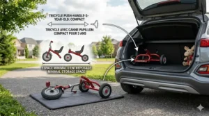 Illustration of a compact, portable tricycle for 3 year olds being stored in a car trunk for travel.