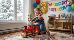 A cozy indoor playroom illustration featuring ride-on toys perfect for Canadian winter birthdays.