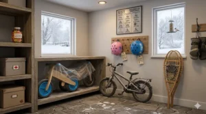 A balance bike and tricycle stored neatly in a Canadian mudroom with snow visible through the window and winter gear nearby.