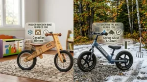 A split screen showing a wooden bike on a rug (indoor play) and a metal bike on a gravel driveway.