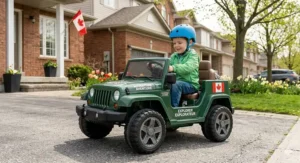 Toddler driving a battery-powered electric jeep on a paved driveway during a Canadian spring afternoon.