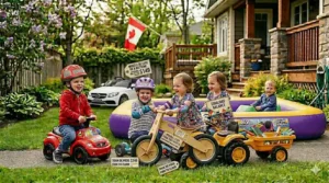 Essential safety helmet and pads with bilingual safety warnings, paired with affordable ride on toys Canada purchases.