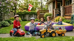 Yellow foot-to-floor toy tractor with a detachable trailer, illustrating affordable ride on toys Canada options for backyard fun.