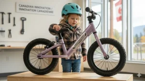 A 3-year-old child standing next to a lightweight purple aluminum balance bike with a hand brake inside a sunlit Canadian community workshop.