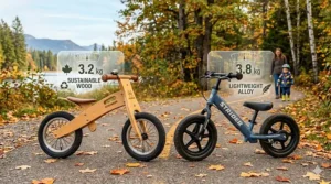 A graphic showing the weight difference between a sustainable wooden balance bike and a lightweight aluminum model.