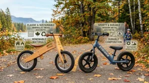 A side-by-side style guide showcasing the minimalist Canadian wood aesthetic versus the sporty look of a metal bike.
