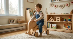 Minimalist Montessori-style ride-on toy illustration for developmental play and 3rd birthday gifting.