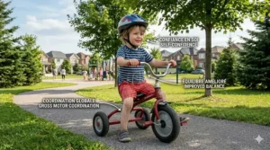 Graphic showing how a tricycle for 3 year olds supports motor skills, balance, and self-confidence development.