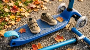 Top-down view of an extra-wide non-slip deck on a 3 wheel scooter for 3 year olds.