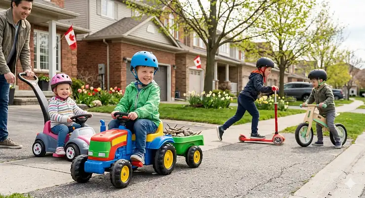 A group of Canadian children playing with outdoor ride-on toys on a sunny spring morning in a suburban neighborhood. outdoor ride on toys spring