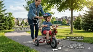 A parent using the adjustable push handle to assist a 3 year old child on a red tricycle in a park.