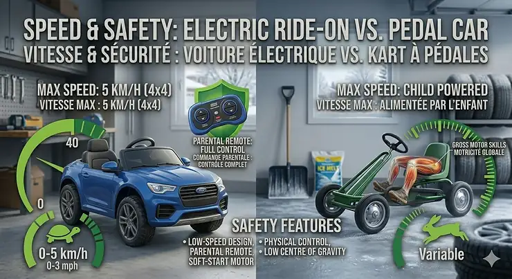 Illustration showing how a pedal car promotes gross motor skills and leg strength for active Canadian preschoolers with bilingual labels. electric ride on vs pedal car for preschoolers