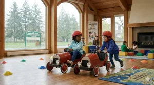 A photorealistic 4K image showing two diverse preschoolers happily driving their specific red pedal cars side-by-side during an indoor playdate at a Vancouver community center with bilingual signage.