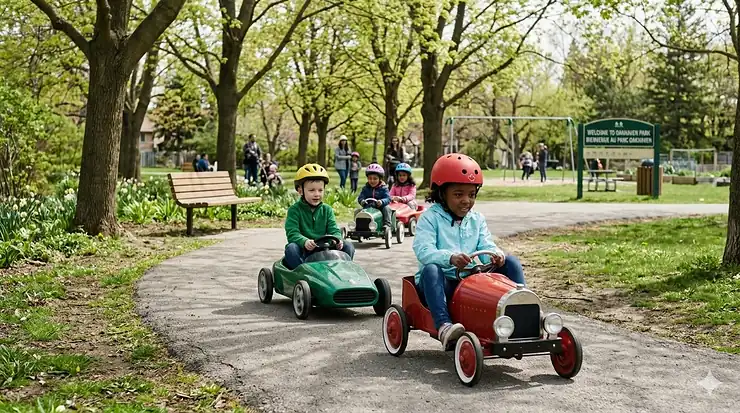 A group of diverse Canadian preschoolers racing colorful pedal cars on a paved park path with maple trees in the background. pedal cars for preschoolers