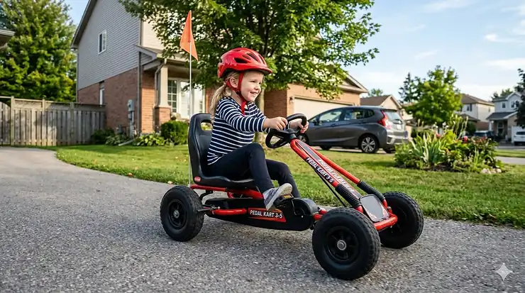 A young Canadian child wearing a safety helmet riding a sturdy blue pedal go kart on a paved driveway in a suburban neighborhood.